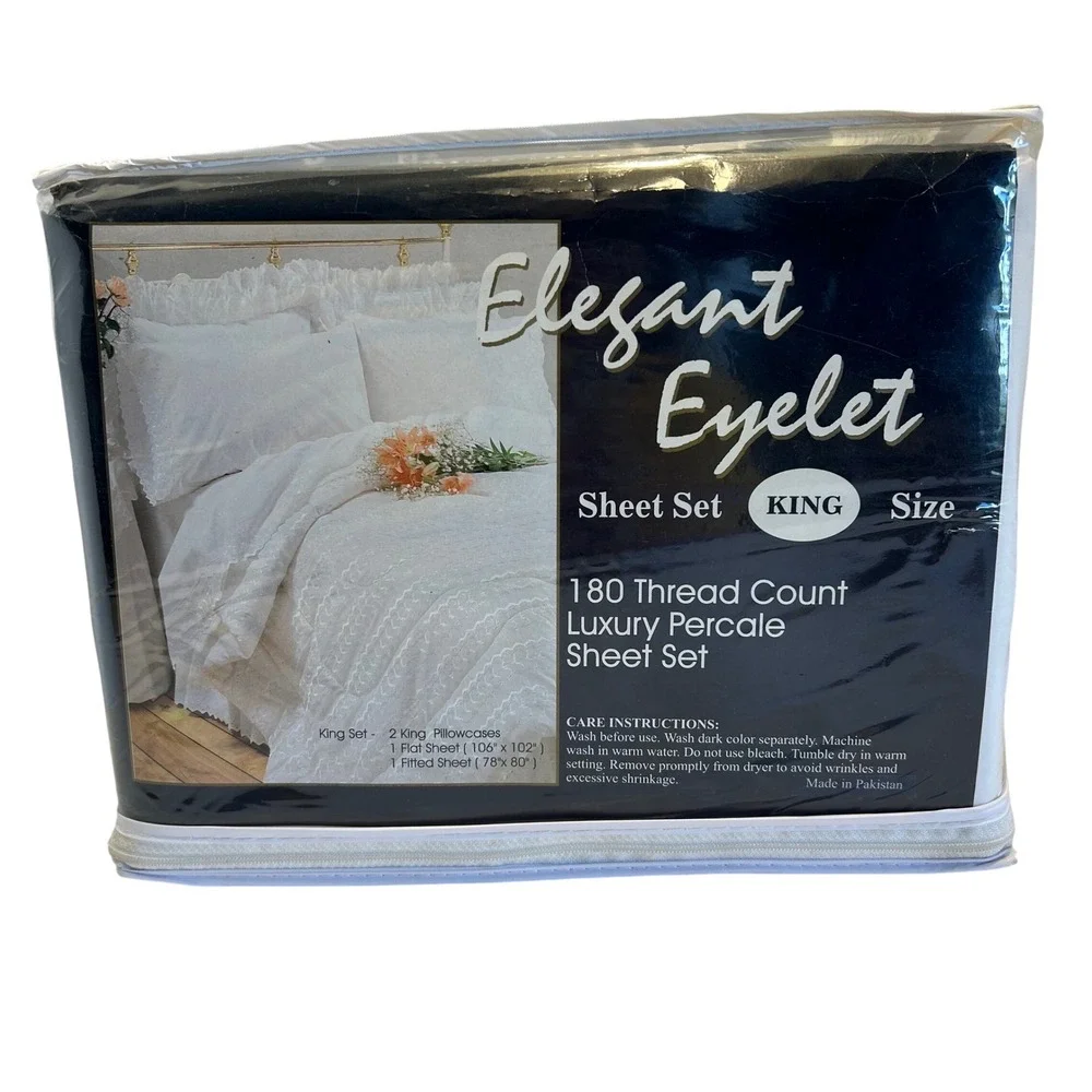 Vintage Madison Elegant‎ Eyelet King Sheet Set NIP NOS Percale 180TC Bedding